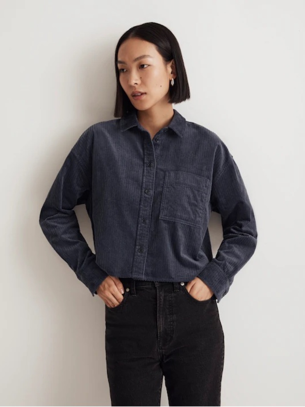 Like New Madewell Oversized Cropped Navy Blue Variegated Corduroy Top size XXL